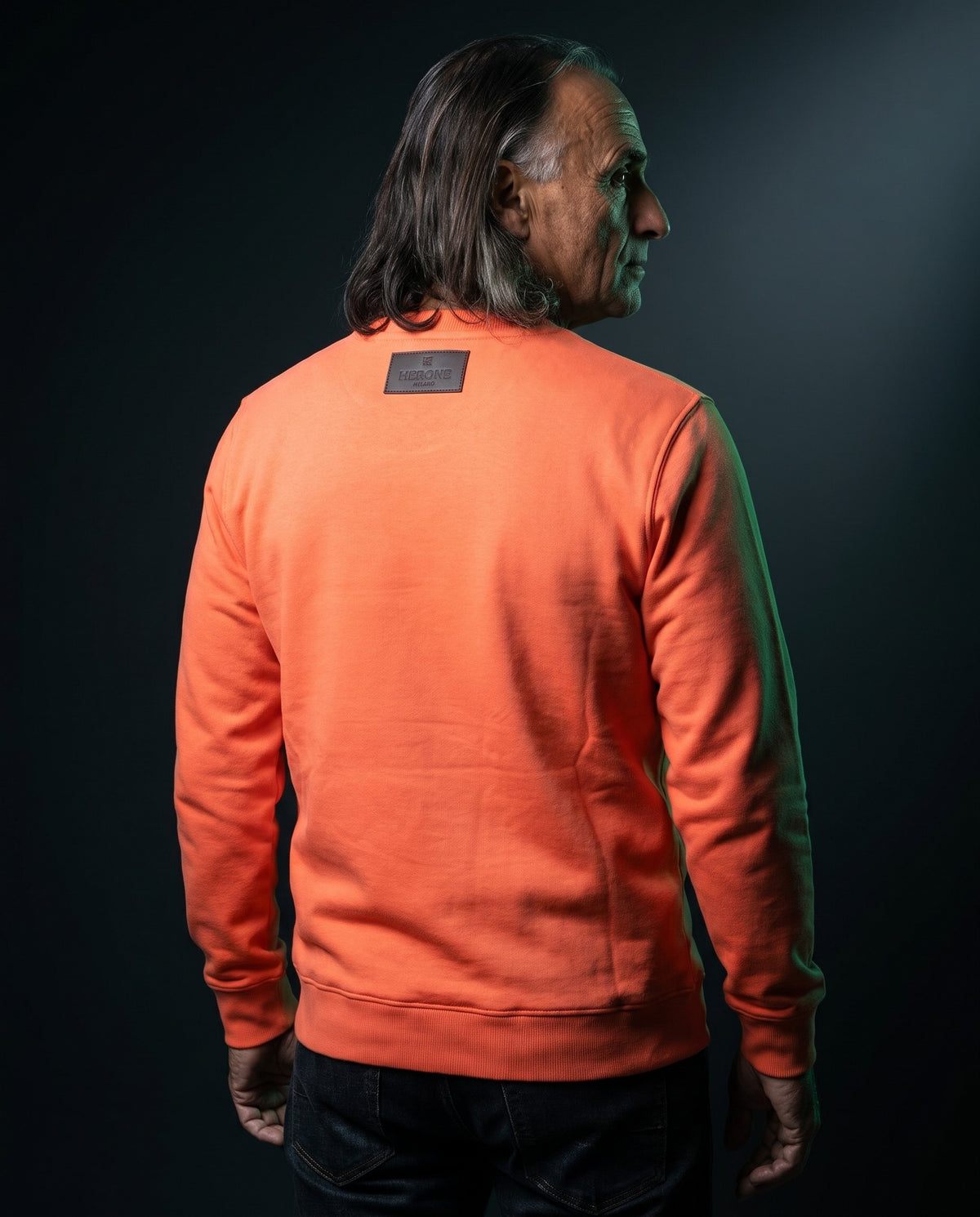 Herone Milano Pullover - Sigillo in Coral, Rückseite mit Lederlabel