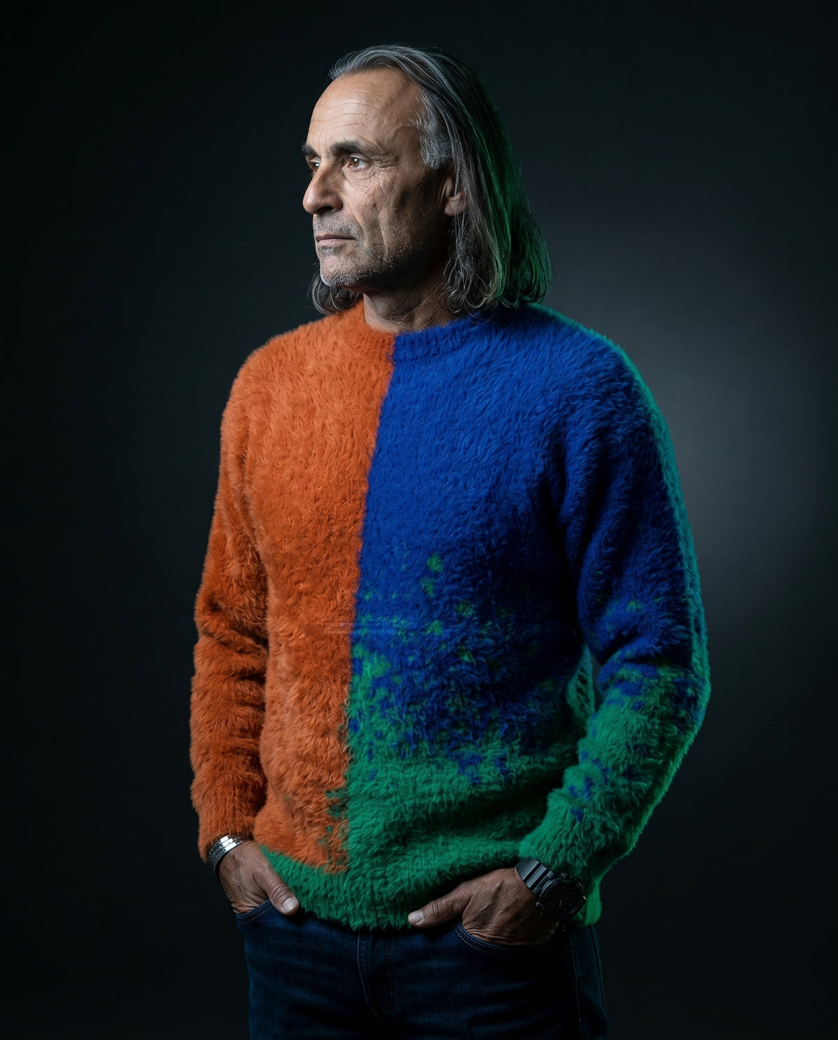 Pino editorial portrait wearing Frosted Fade pullover