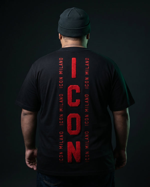 Icon Milano T-Shirt Filo Rosso Schwarz – Rückenansicht mit rotem Chenille-ICON