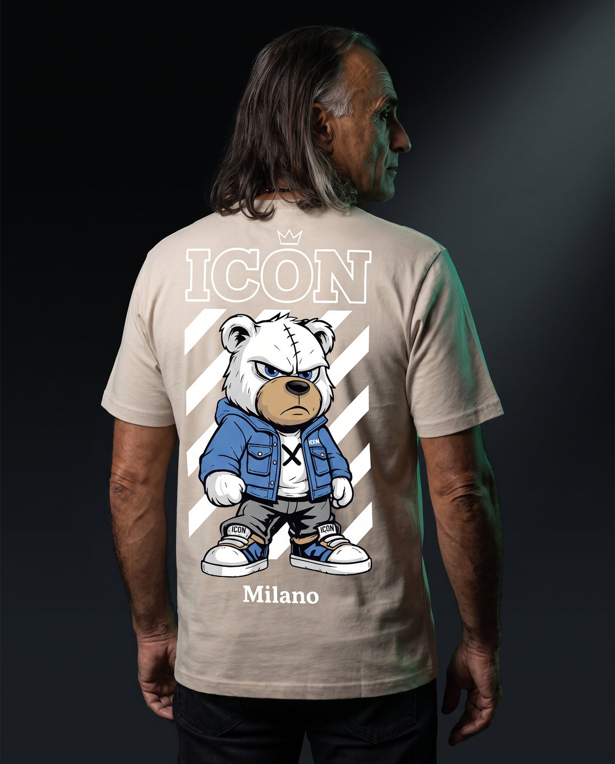 Icon Milano T-Shirt Urban Bear in Beige, Rückenansicht mit großem Bear-Print