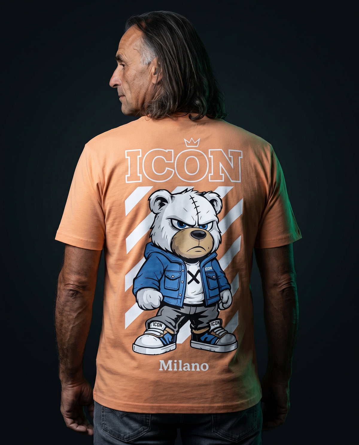 Icon Milano T-Shirt Urban Bear in Apricot, Rückenansicht mit großem Bear-Print